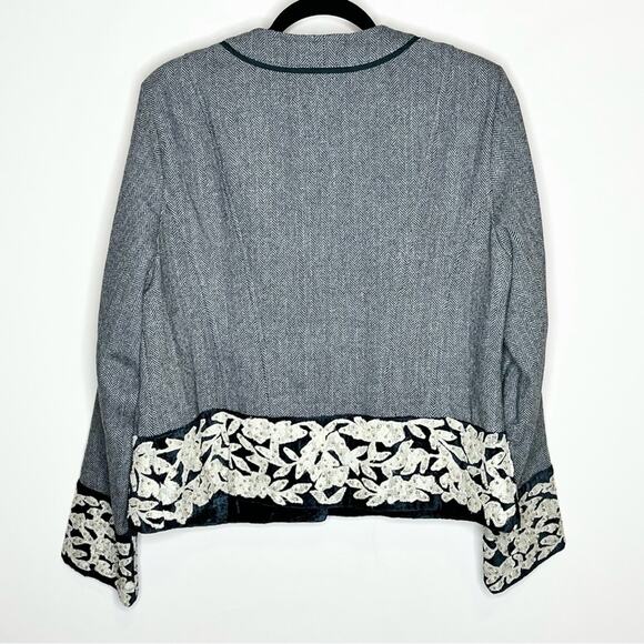 SUNDANCE Herringbone gray/dark teal blazer w/velour, appliqué & beading size 16 - Picture 4 of 6